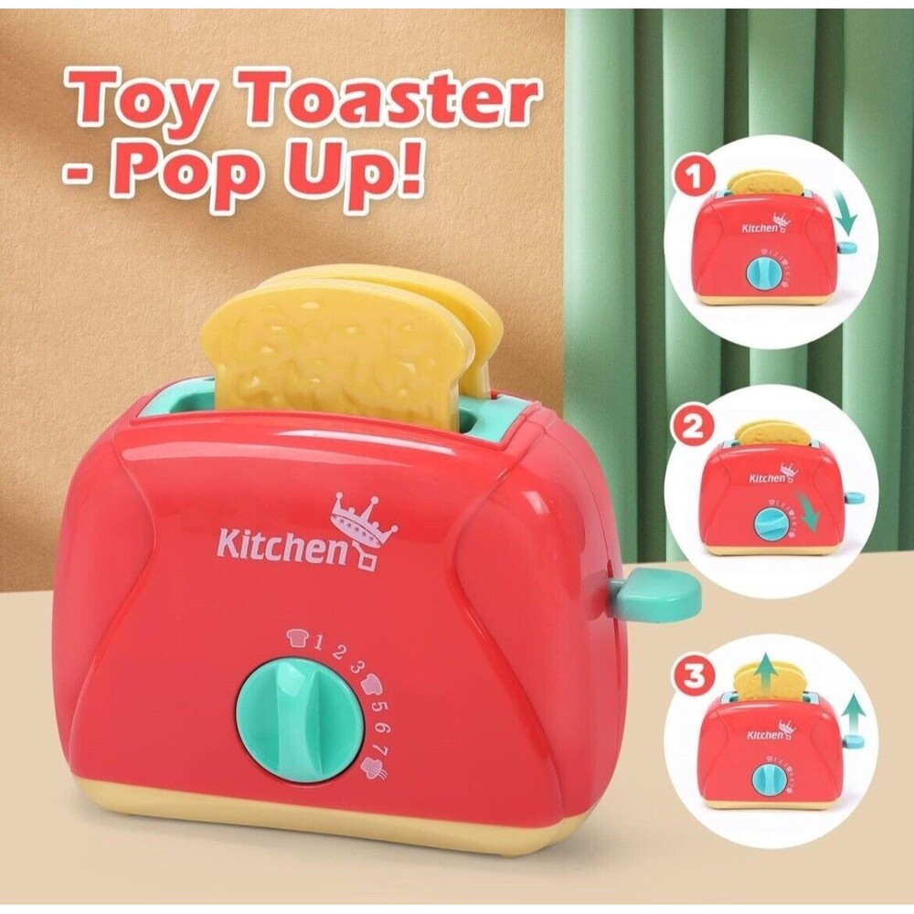 3 Piece Kids Toy Pretend Kitchen Play Toaster w/ Bread Timer Sound & Pop Up Cute